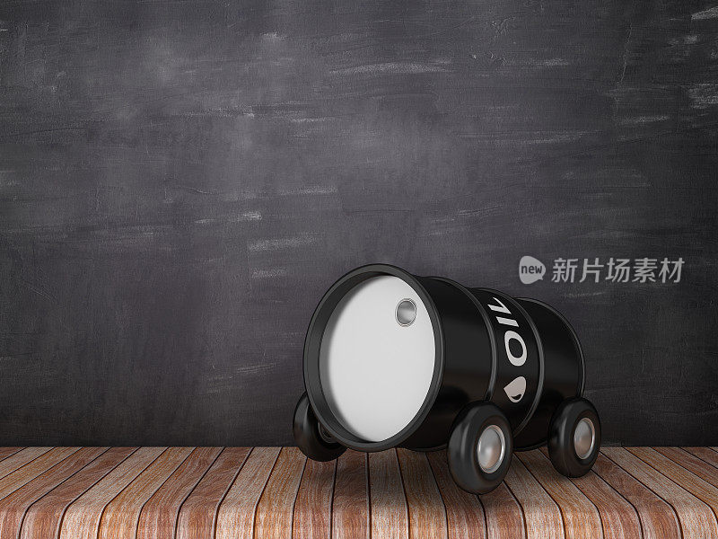 油罐在车轮上的木地板-黑板背景- 3D渲染
